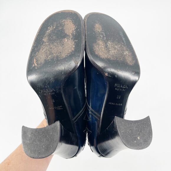 Vintage Prada 1996 Blue Leather Floral Appliqué Block Heel Mary Jane Pumps IT 39 - Picture 13 of 15